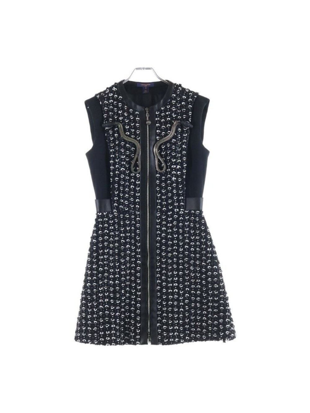Louis Vuitton Chain Sleeveless Dress Decoration Front Zip Tweed Black